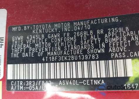 2011 Toyota Camry Le z USA, uszkodzony, nr VIN 4T1BF3EK2BU139783